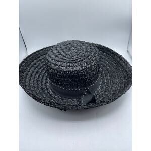 Vtg 50’s Women’s Hat Black Plastic Black Bow Hatband Medium Brim Union Made 16"